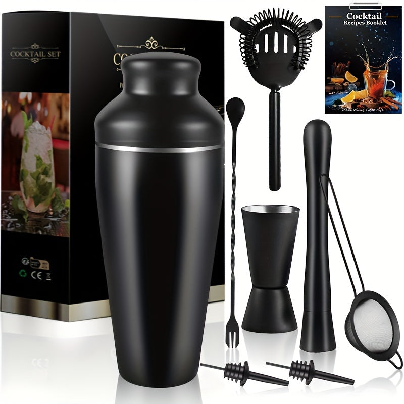 Umfassendes Edelstahl Cocktail-Set mit Cocktailshaker und Zubehör für die Hausbar.