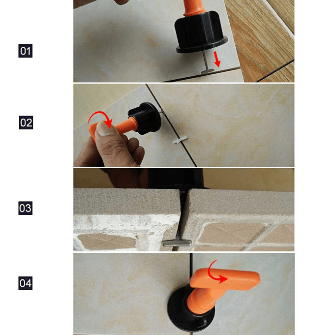 Komplettes Nivelliersystem für Fliesenverlegung. Enthält T-Nadeln und Clips für perfekte, ebene Flächen.