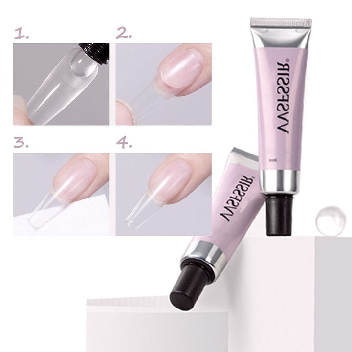 Transparentes UV Nagelkleber Gel für Press-On-Nägel; härtet unter UV/LED Lampe für professionelles Nageldesign.
