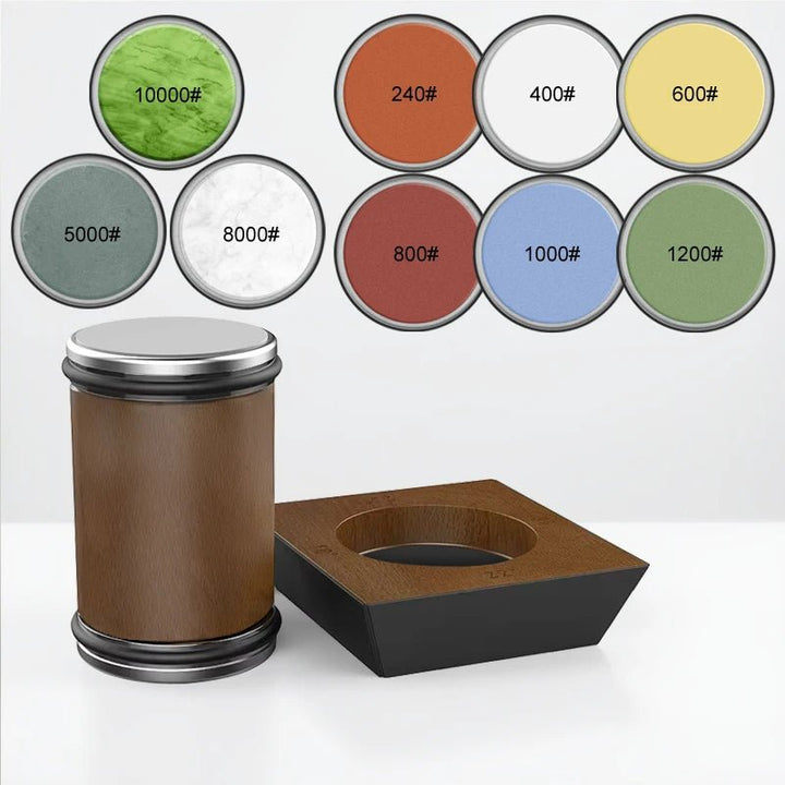 Detailansicht des Diamantschleifers im rollenden Messerschärfer-Set, ideal für jede Klinge.