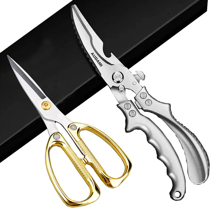 Ergonomisches Küchenscheren-Set aus Edelstahl, perfekt für präzises Schneiden von Geflügel und Fleisch.