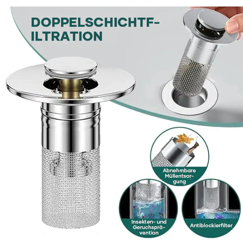 Universeller Abflussfilter & Stöpsel aus Edelstahl. Passend für alle gängigen Abflüsse, einfacher Einbau.