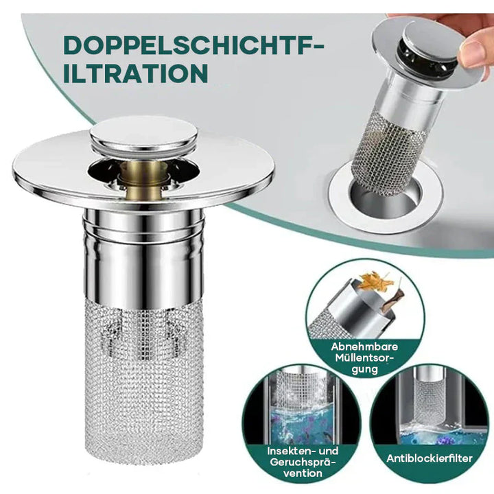 Universeller Abflussfilter & Stöpsel aus Edelstahl. Passend für alle gängigen Abflüsse, einfacher Einbau.