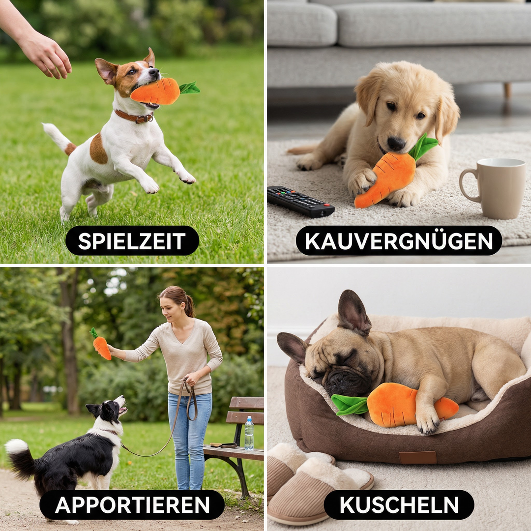 Lustiges Karotten-Hundespielzeug mit Quietscher; fördert Spiel & Zahnpflege für aktive Hunde.
