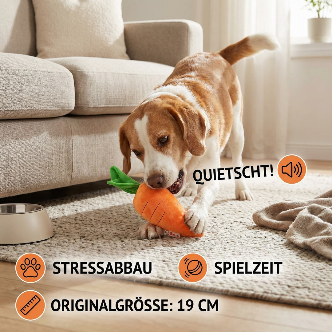 Hundespielzeug Karotte mit Quietscher; fördert Stressabbau, Aktivität & verhindert Langeweile.