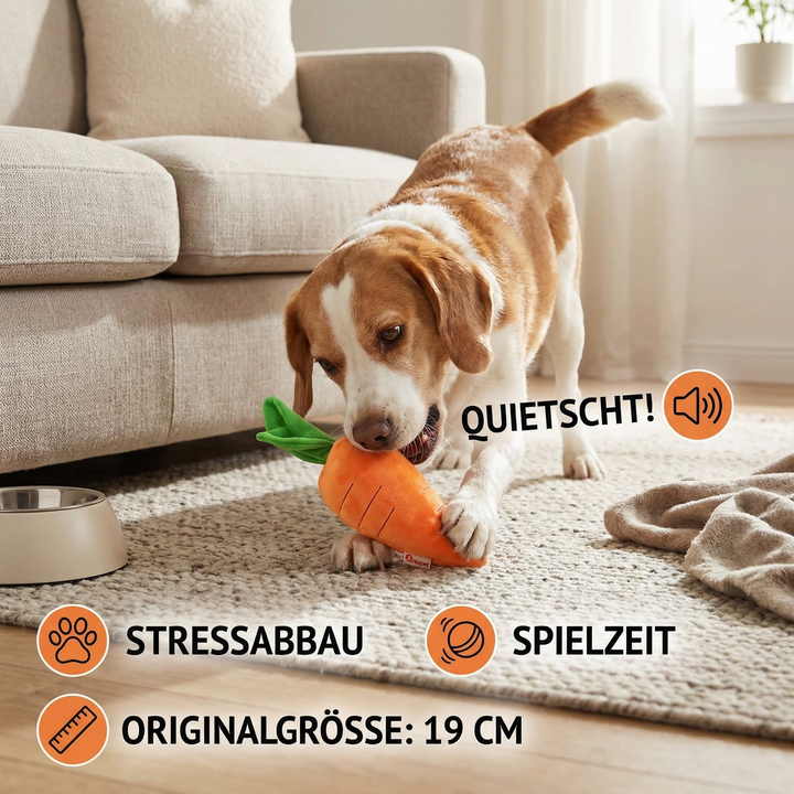 Hundespielzeug Karotte mit Quietscher; fördert Stressabbau, Aktivität & verhindert Langeweile.