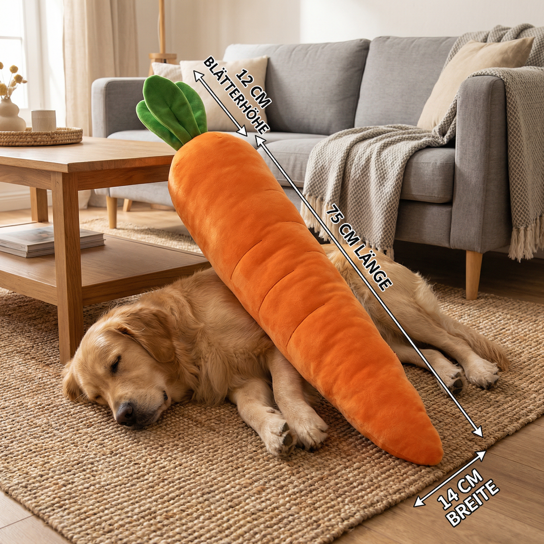 Hochwertiges Hundezubehör: quietschende Karotte als Kauspielzeug; ideal für aktive Hunde & Spiel.