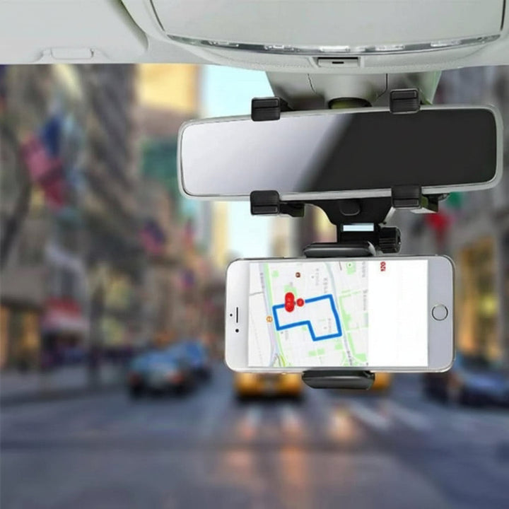 Dieser Rückspiegel-Handyhalter verbessert Fahrsicherheit durch optimal positioniertes Smartphone zur Navigation.