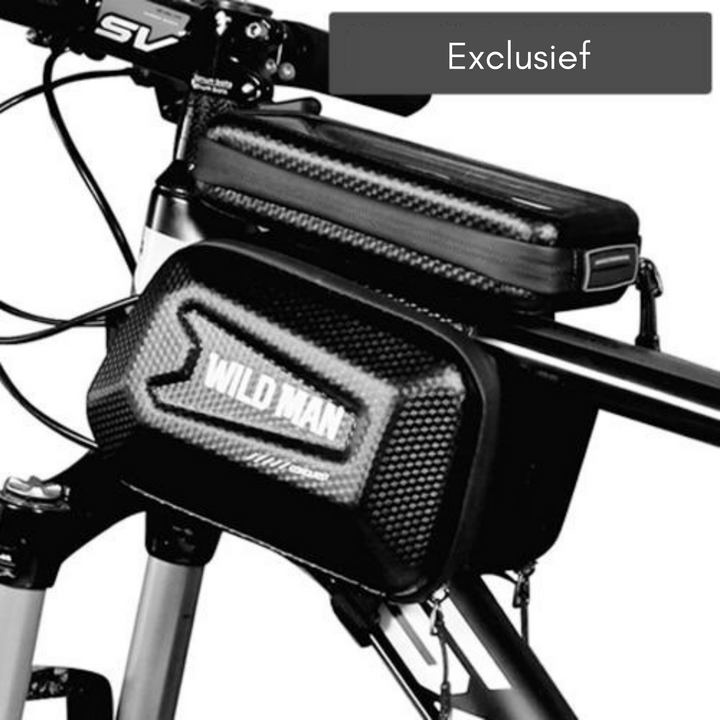 Rahmentasche f. Fahrrad mit geöffnetem Fach, zeigt viel Stauraum f. Handy, Powerbank u. Essentials. Fahrradzubehör.