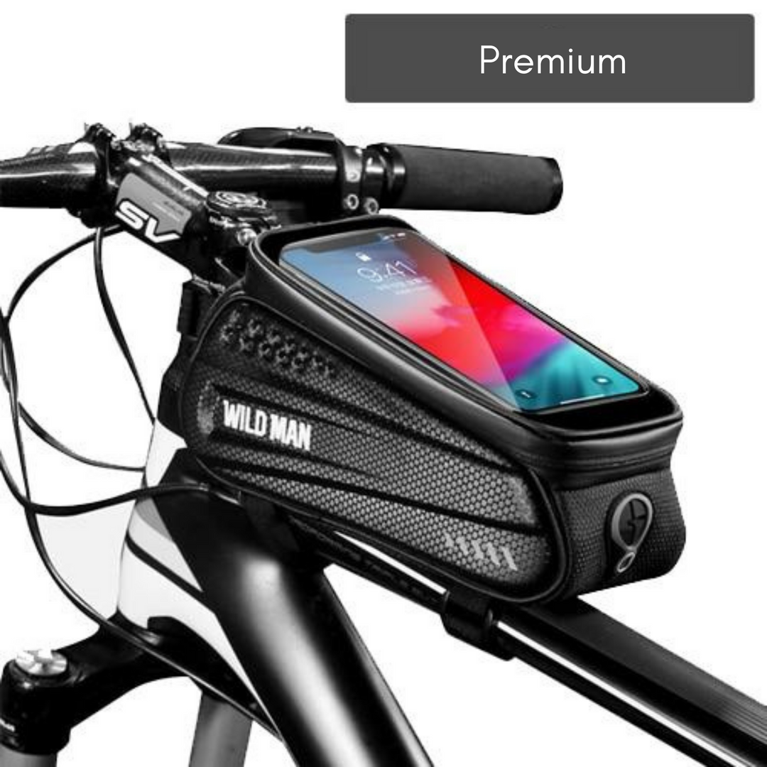 Detailansicht: Smartphonefach d. Fahrrad Rahmentasche. Hochsensibler Touchscreen f. Navigation u. Handybedienung.