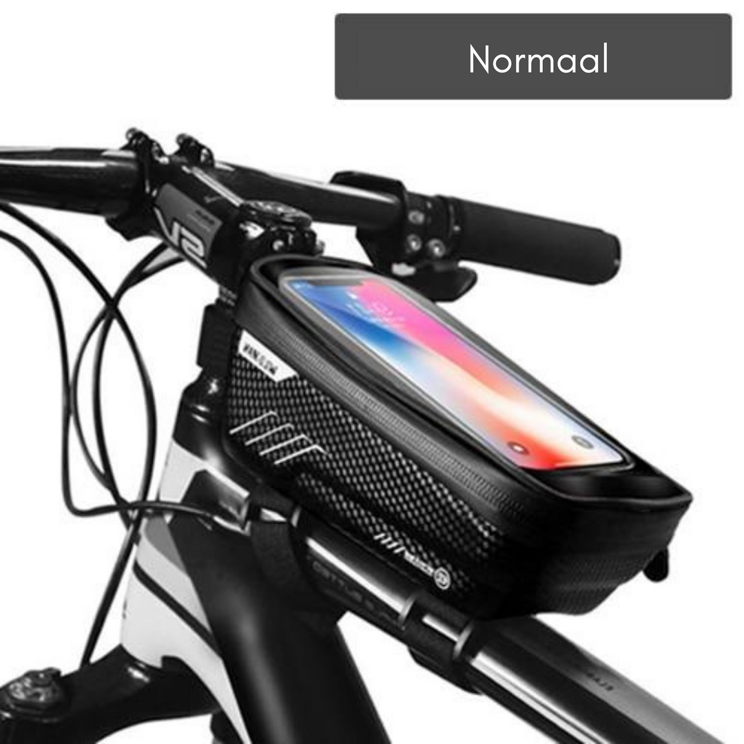 Fahrrad Rahmentasche am Mountainbike montiert. Zeigt sicheren Halt u. einfachen Zugriff auf Handy f. Touren.