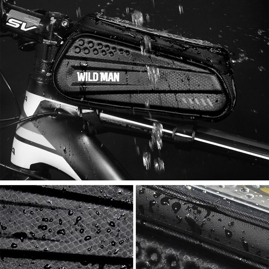 Wasserdichte Fahrrad Rahmentasche m. Handyhalterung. Robustes Fahrradzubehör f. MTB bei jedem Wetter.