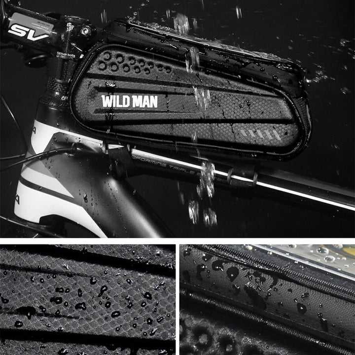 Wasserdichte Fahrrad Rahmentasche m. Handyhalterung. Robustes Fahrradzubehör f. MTB bei jedem Wetter.