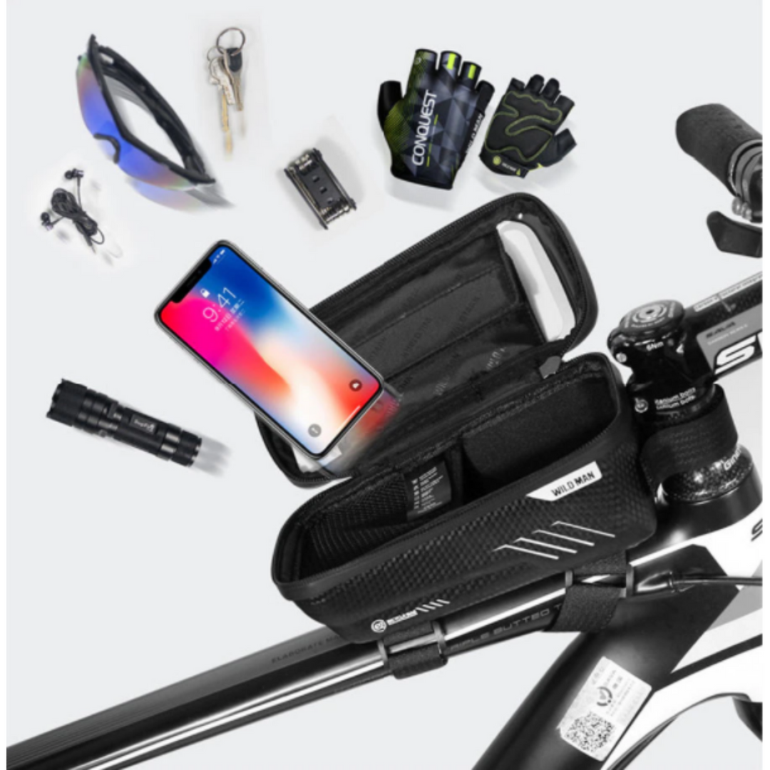 MTB Rahmentasche m. Smartphonefach. Stoßfest u. wasserdicht f. anspruchsvolle Offroad-Strecken. Fahrradzubehör.