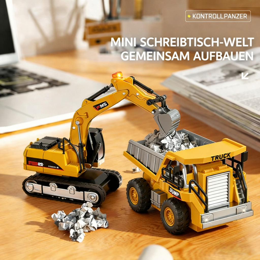 Detailgetreuer RC Minibagger für Kinder. Ferngesteuertes Baufahrzeug als Kinderspielzeug für spannende Baustellen-Abenteuer.