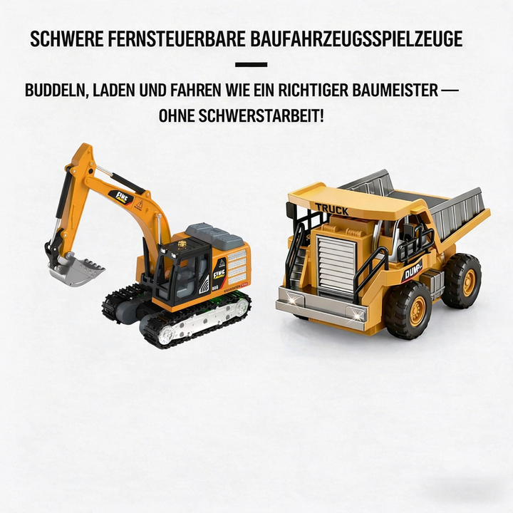 RC Kipper für Kinder. Ferngesteuertes Baufahrzeug als Lernspielzeug für kleine Bauherren auf ihrer Baustelle mit viel Sand.