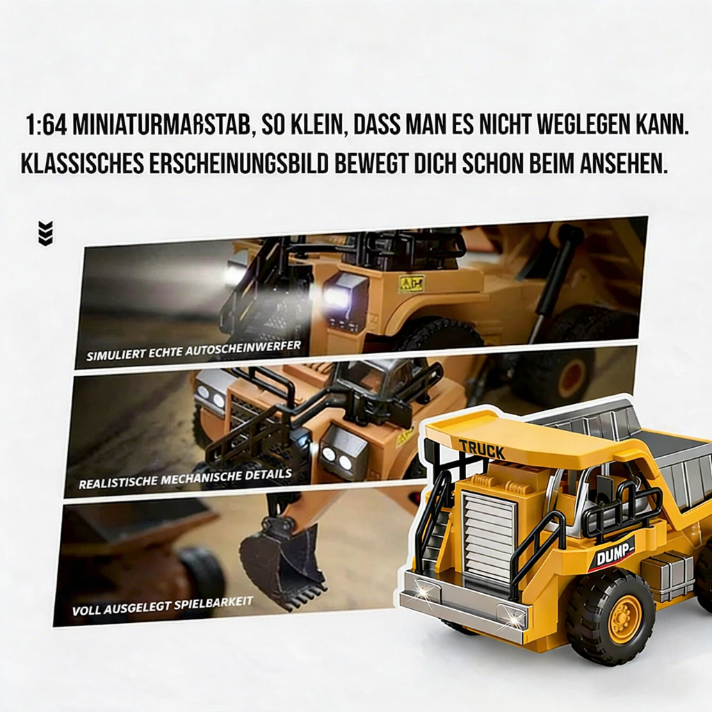 Geschenk für Kinder: RC Baufahrzeug Set mit Minibagger, Gabelstapler & Kipper. Hochwertiges, ferngesteuertes Modellbau-Spielzeug.