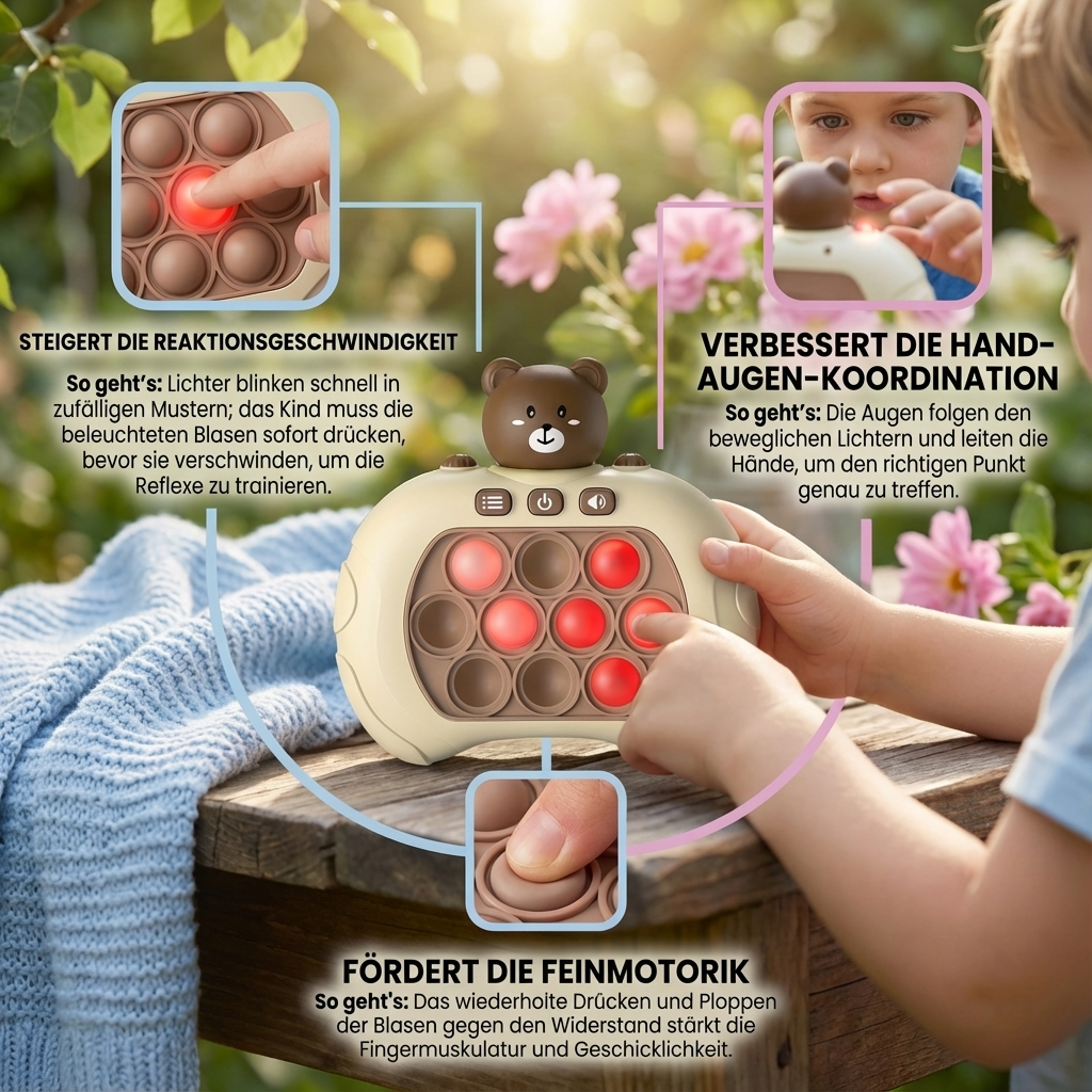 Lachende Familie spielt Reaktions-Plopp-Spiel; spannendes Geschicklichkeitsspiel für Kinder & Erwachsene, voller Spaß.