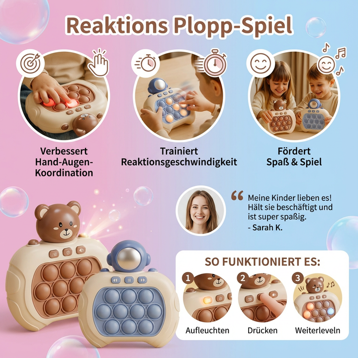 Dynamisches Reaktions-Plopp-Spiel in Aktion; Kinderspielzeug zur Steigerung von Schnelligkeit und Konzentration.