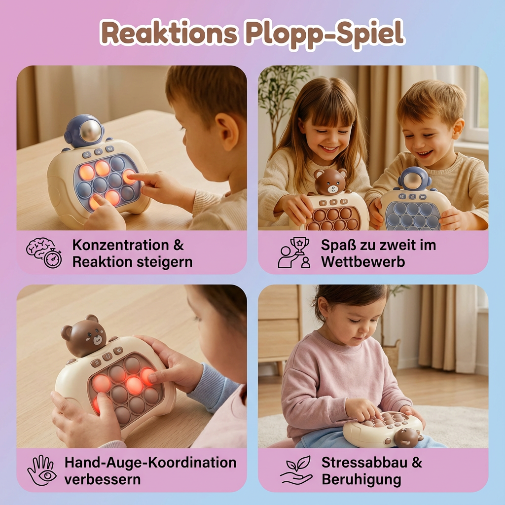 Lernspielzeug Reaktions-Plopp-Spiel; verbessert spielerisch Schnelligkeit, Konzentration und motorische Geschicklichkeit.