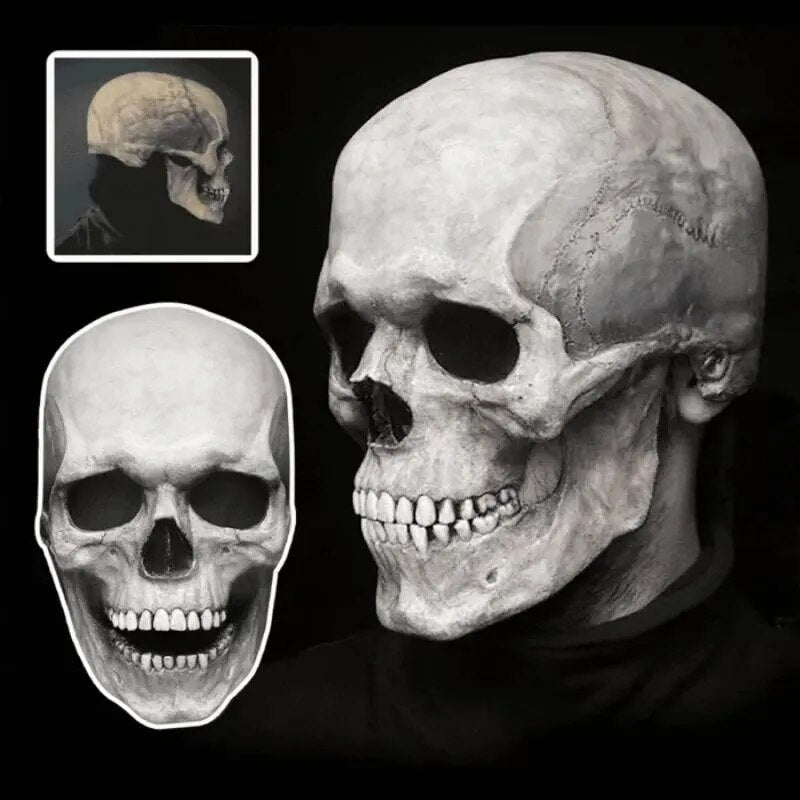 Gruselige Latex Totenkopfmaske mit beweglichem Kiefer für Horror-Kostüme. Schwarz-weiße Unisex Skelettmaske.