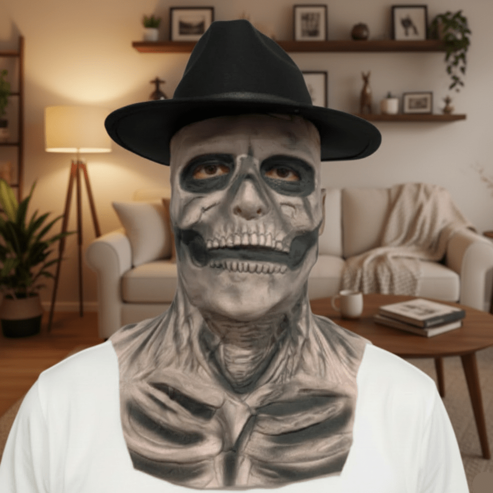 Detailreiche Skelett-Vollmaske mit realistischen Knochenstrukturen für gruselige Halloween-Looks.