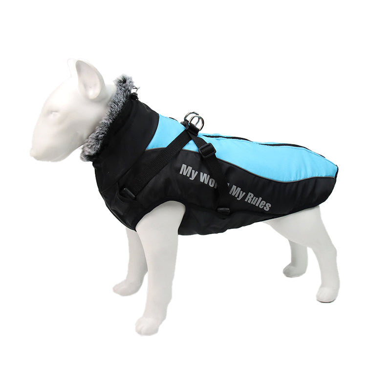 Reflektierendes Hundezubehör: Wasserdichte Jacke mit Geschirr für Schutz bei Regen und Dunkelheit.