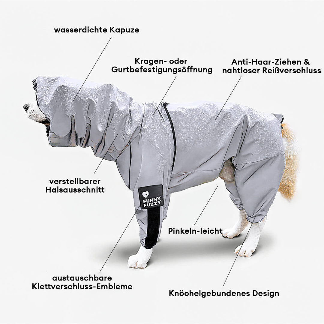 Robuster, wasserdichter Hunde-Regenmantel mit reflektierenden Streifen für optimale Sichtbarkeit im Dunkeln.