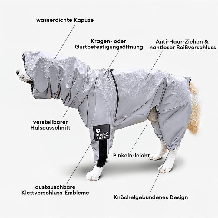 Robuster, wasserdichter Hunde-Regenmantel mit reflektierenden Streifen für optimale Sichtbarkeit im Dunkeln.