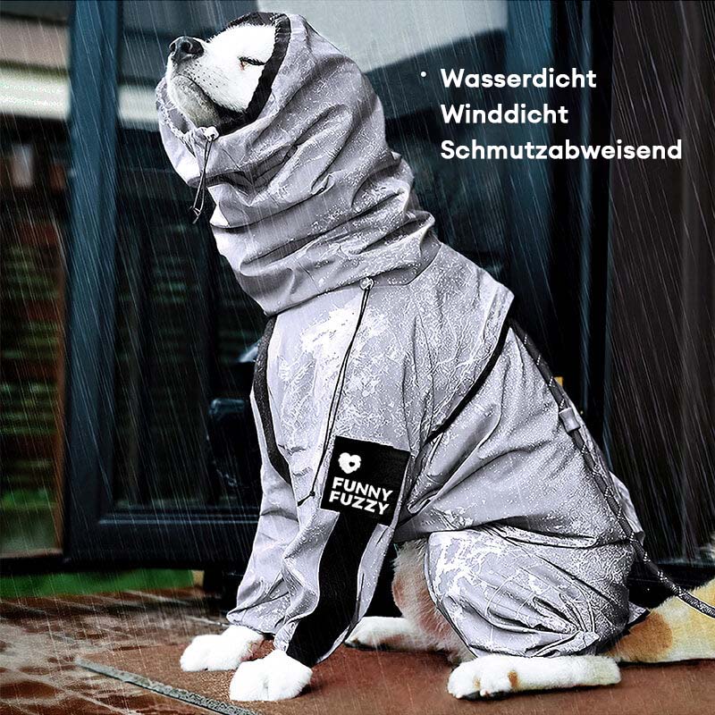 Reflektierender Hunde-Regenmantel, wasserdicht, bietet umfassenden Schutz und Sichtbarkeit bei schlechter Witterung.