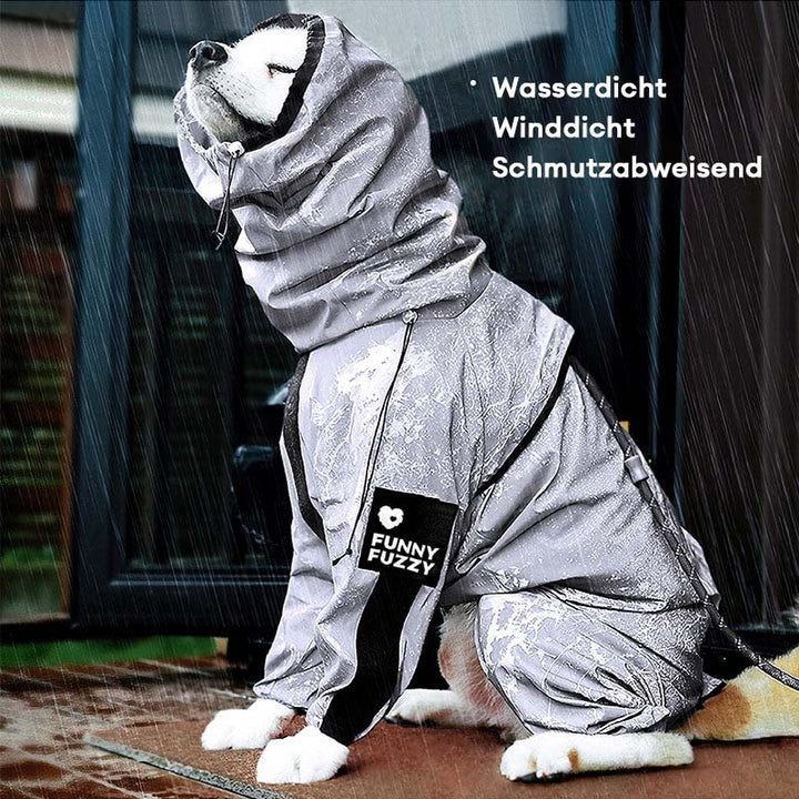 Reflektierender Hunde-Regenmantel, wasserdicht, bietet umfassenden Schutz und Sichtbarkeit bei schlechter Witterung.