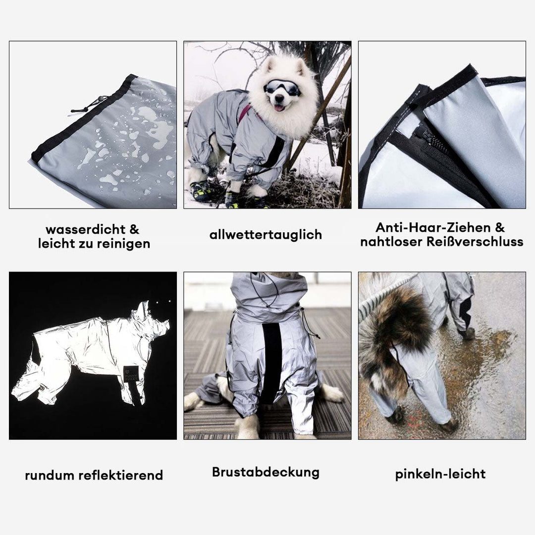 Gut sichtbarer, wasserdichter Hunde-Regenmantel mit reflektierenden Elementen für dunkle Tage.