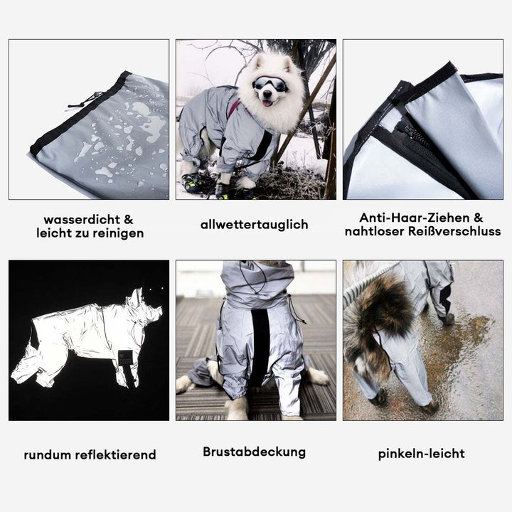 Gut sichtbarer, wasserdichter Hunde-Regenmantel mit reflektierenden Elementen für dunkle Tage.