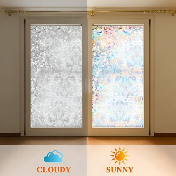 Hausdeko Fensterfolie mit Regenbogeneffekt, schützt vor UV-Strahlen und neugierigen Blicken.