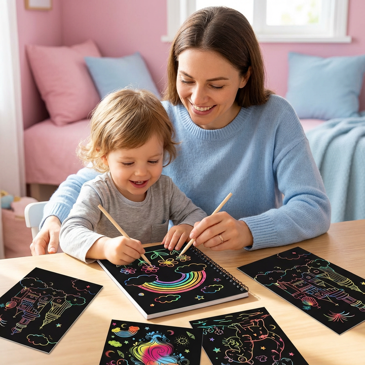 Kind malt mit magischem Regenbogen Kratzpapier, entdeckt bunte Farben. Ideal für kreative DIY Projekte.