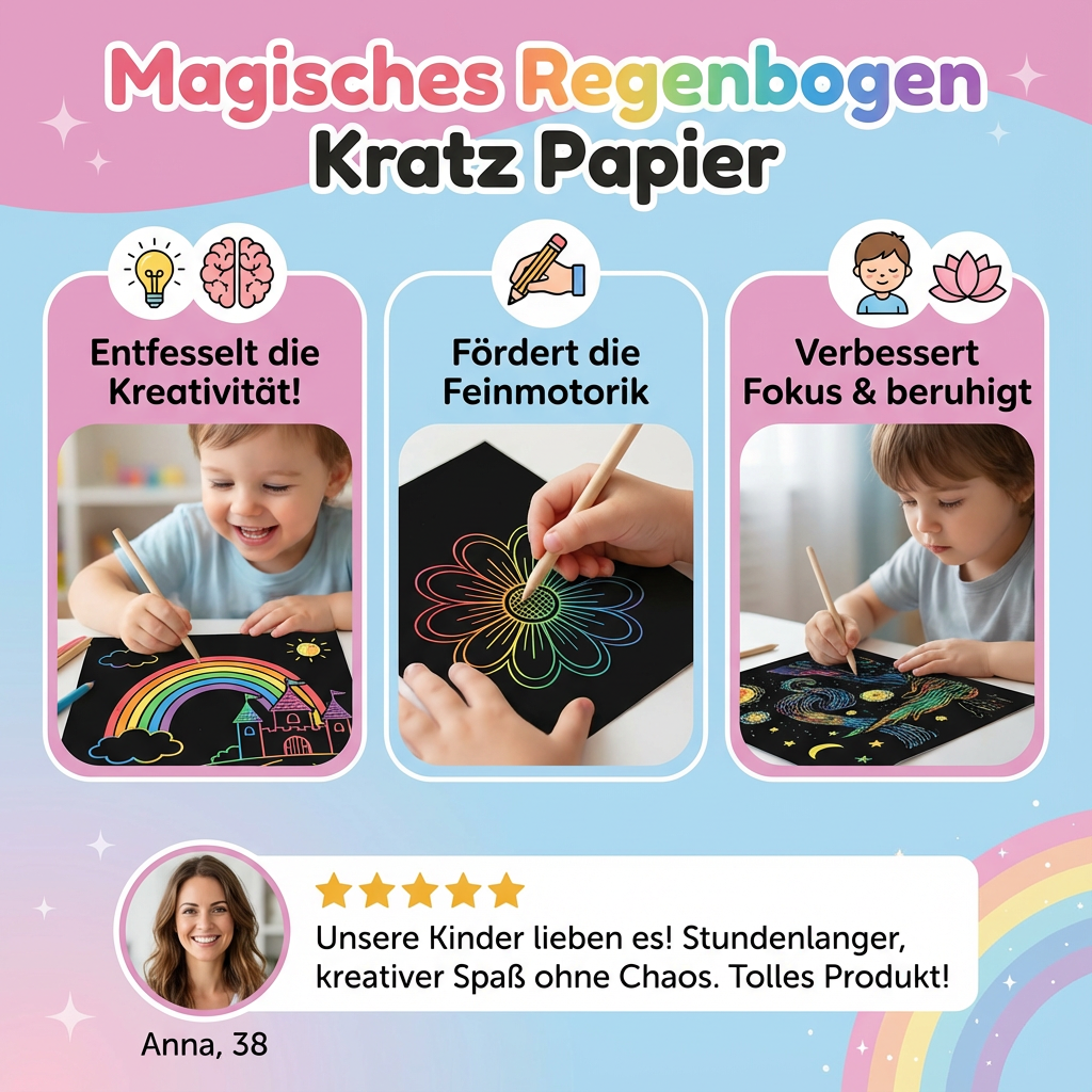 Nahaufnahme: Kind kratzt auf speziellem Kratzpapier & enthüllt magische Regenbogenfarben darunter.