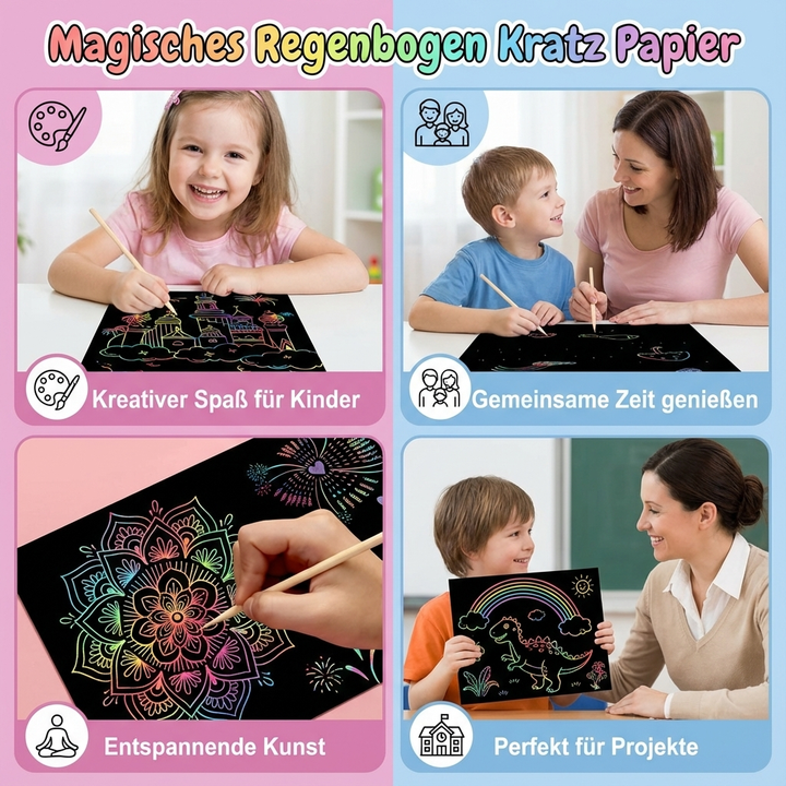 Hochwertiges Kratzpapier Set mit vielen Regenbogenbögen & Holzstiften für endlosen Malspaß.