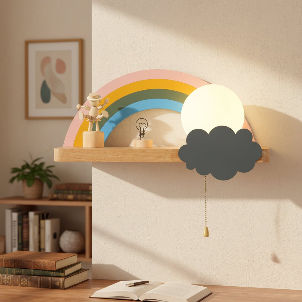 Regenbogen Wandlampe Kinderzimmer: Nordische Holzlampe mit LED für gemütliches Licht.