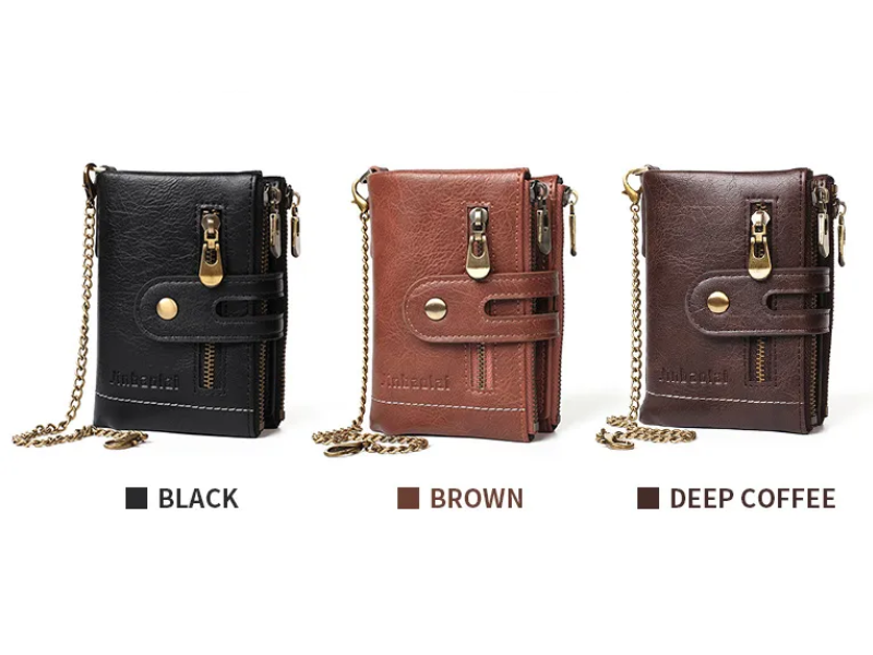 Robuste Retro Herren Geldbörse mit Kette, sicherer Diebstahlschutz, braun, für alle Jahreszeiten.
