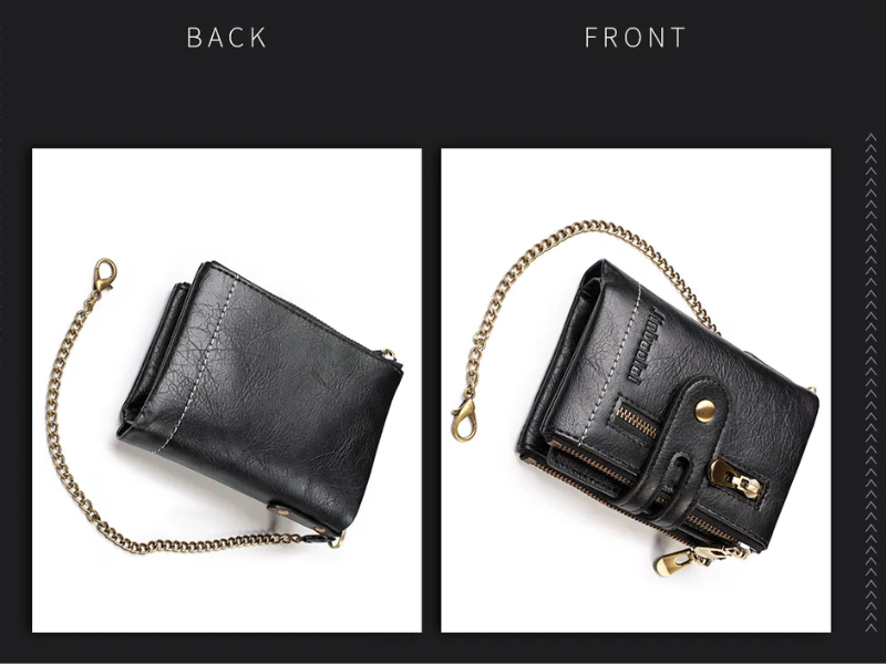 Nahaufnahme der Kette an der Retro Herren Brieftasche, sichere Befestigung, praktisches Accessoire.