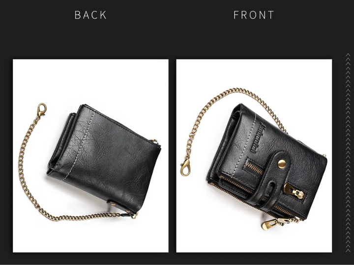 Nahaufnahme der Kette an der Retro Herren Brieftasche, sichere Befestigung, praktisches Accessoire.