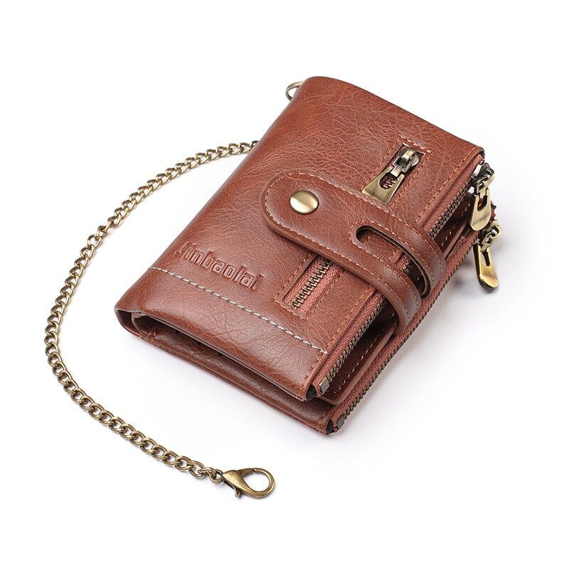 Braune Herren Geldbörse mit Kette, Vintage-Stil, robust und lederfrei, mit Karten- & Münzfach.