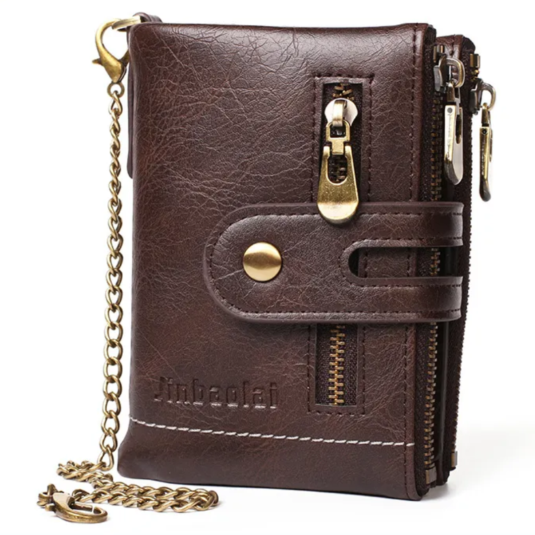 Lederfreie Herren Geldbörse mit Kette, schwarzes Retro-Design, ideal für Karten und Bargeld.