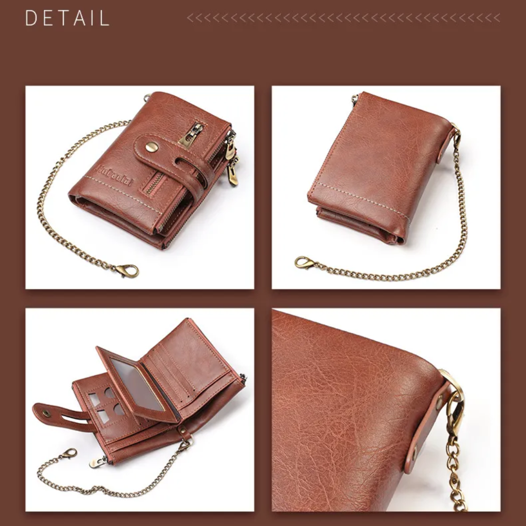 Kaffee-farbene Herren Brieftasche mit Kette, lederfrei, Portemonnaie im Retro-Look, schlankes Design.