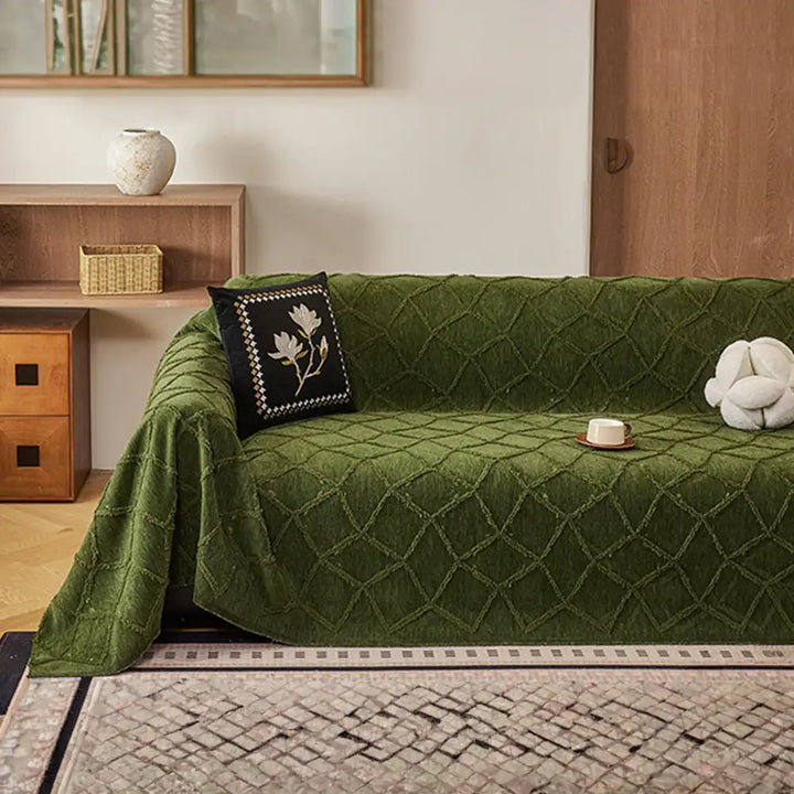 Strukturierter Chenille-Stoff mit Retro-Jacquard-Muster als Sofaüberwurf, robuster Schutz.