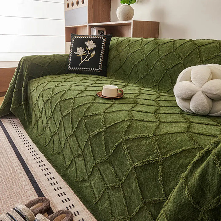 Robuster Chenille Sofaüberwurf im Retro-Jacquard-Design, idealer Kratzschutz für Haustiere.