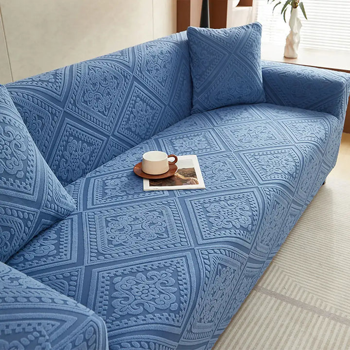 Vollschutz Retro Jacquard Sofabezug. Elastisch, waschbar, tierfreundlich. Idealer Möbelschutz für Ihr Wohnzimmer.