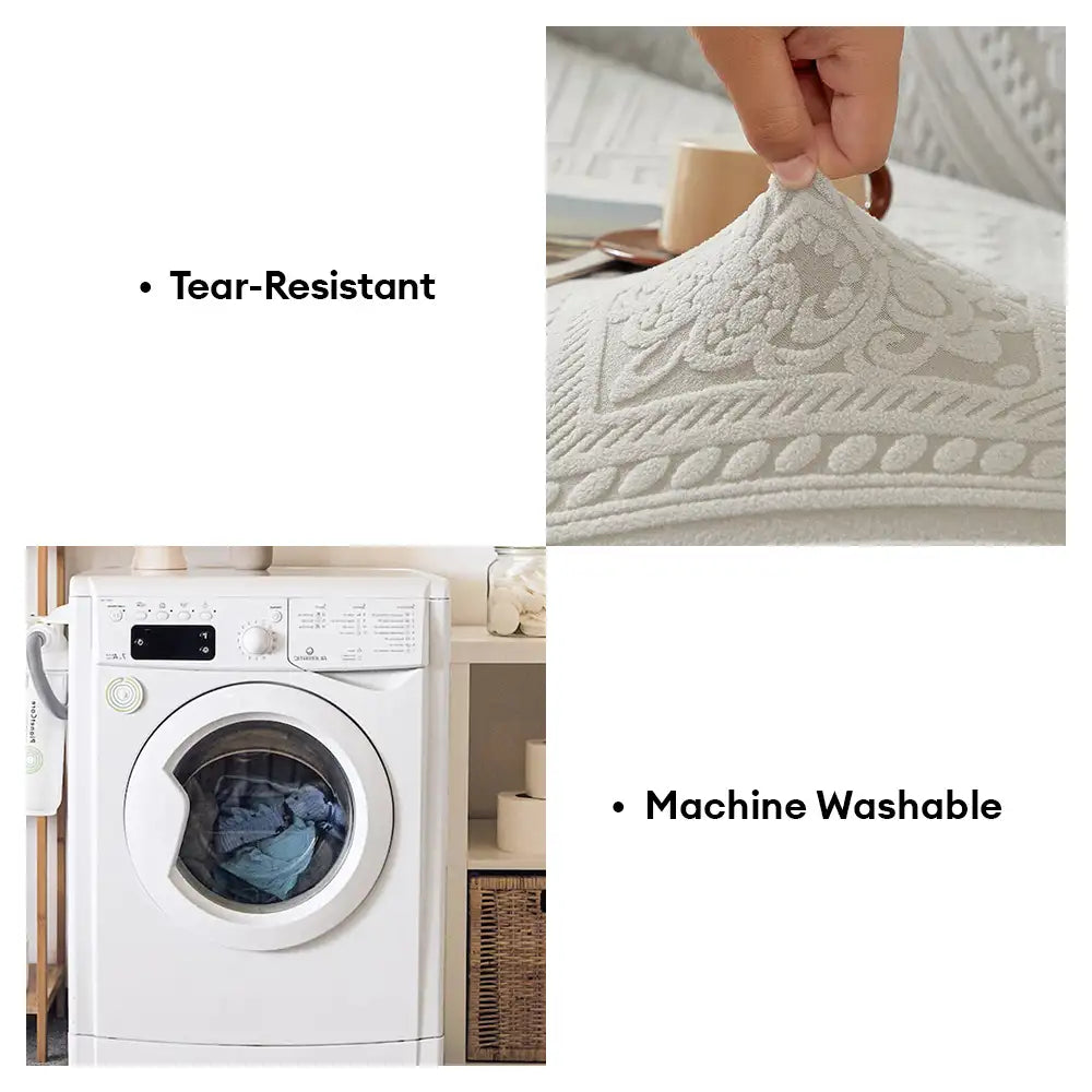 Detailansicht des texturierten Retro Jacquard Sofabezugs. Zeigt Muster und elastische Qualität.