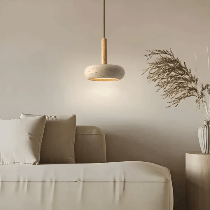 Elegante LED-Deckenleuchte aus Holz und Stein. Modernes Retro-Design für Ihr Schlafzimmer.