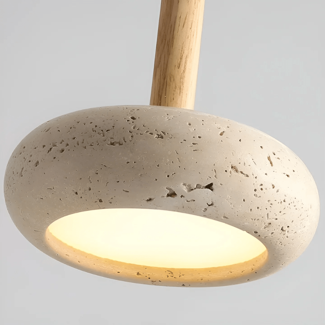 Einzigartige Retro-LED-Deckenlampe. Natürliche Holz- und Steinelemente für ein japanisches Ambiente.